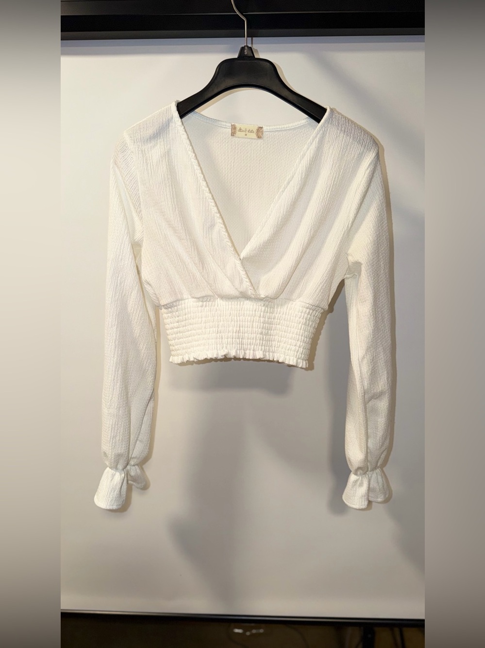 Altar'd State Cream Cropped V-Neck Smocked Waist Top